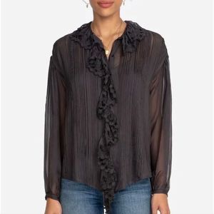 Johnny Was Womens Leonis Pintucked Button Down Ruffled Silk Blouse Shirt M